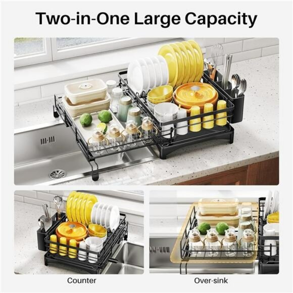 Extendable Dish Drying Rack Over Sink Black Utensil Holder Kitchen Organizer - Picture 3 of 7